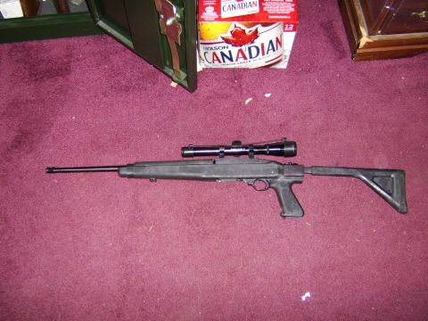 1989 Ford Bronco - A Ruger 10/22 rifle with a scope is displayed on a carpeted floor, with a cabinet and beer in the background.