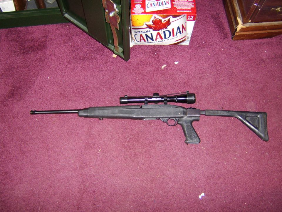 Ruger 10/22 rifle with scope on a burgundy carpet, next to a cabinet and beer