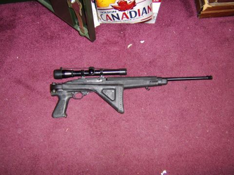 1989 Ford Bronco - A Ruger 10/22 rifle with a scope is shown on a carpeted surface.