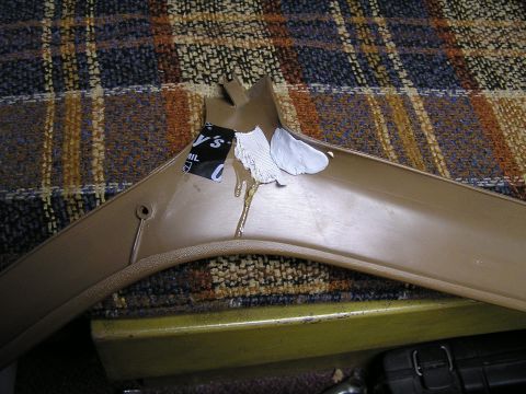 1990 Ford Bronco - Experimental Molding repair. L to R; Super glue w/ electrical tape (works ok) Gorilla Glue with meshing (works ok), Epoxy, (best fix)