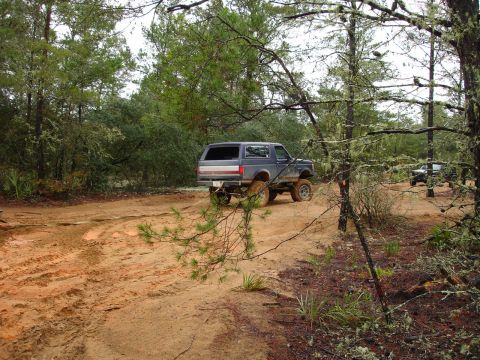 1989 Ford Bronco - Ford Bronco navigating a dirt path through trees, with another vehicle in the distance.