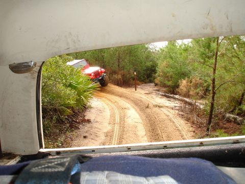 1989 Ford Bronco - A red Jeep navigates a sandy, wooded trail, viewed from the interior of another vehicle.