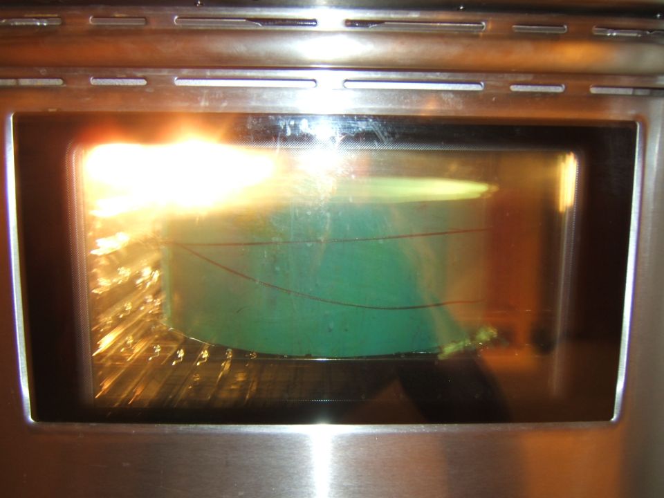 Oven interior with bright light illuminating a green cylindrical object with red lines