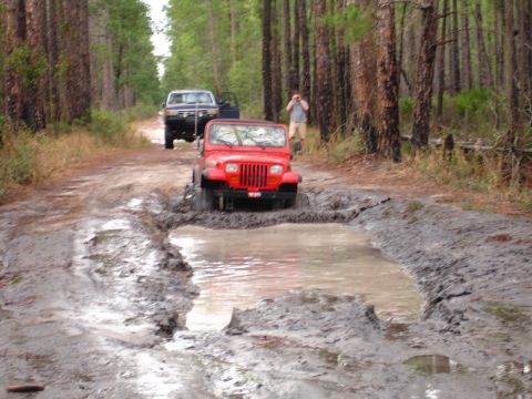 1989 Ford Bronco - Two off-road vehicles tackle a challenging muddy trail in a forest setting.