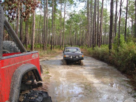 1989 Ford Bronco - Two off-road vehicles navigate a wet, muddy path surrounded by tall pine trees.