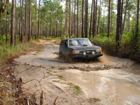 1989 Ford Bronco - Ford Bronco navigating a muddy obstacle on a forest trail.