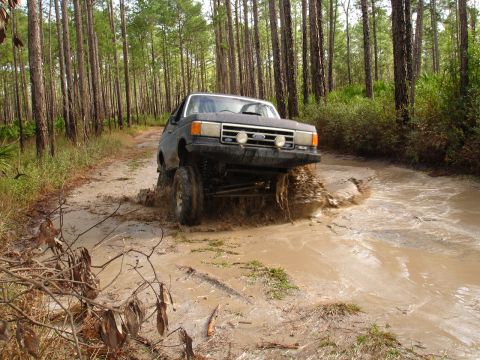1989 Ford Bronco - A lifted 1987 Ford Bronco navigates a water obstacle on a dirt path surrounded by pine trees.