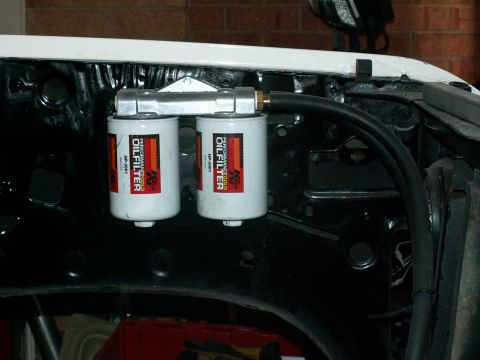1983 Ford Bronco - K & N Gold twin remote oil filters up on inner guard....nice easy filter swap with 1 inch spanner!!