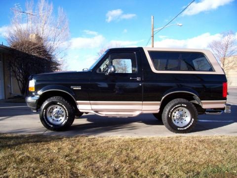 1996 Ford Bronco - This 1996 Ford Bronco is shown in a side profile, a black body with tan accents and a removable tan top.