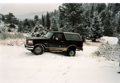 1996 Ford Bronco - A dark-colored Ford Bronco sits in a snowy landscape, surrounded by snow-dusted pine trees.
