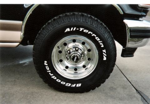 1996 Ford Bronco - The front wheel and fender area of a dark-colored SUV with a two-tone paint scheme is shown.