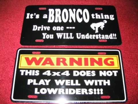 1986 Ford Bronco - These novelty license plates are displayed on a red textured surface.