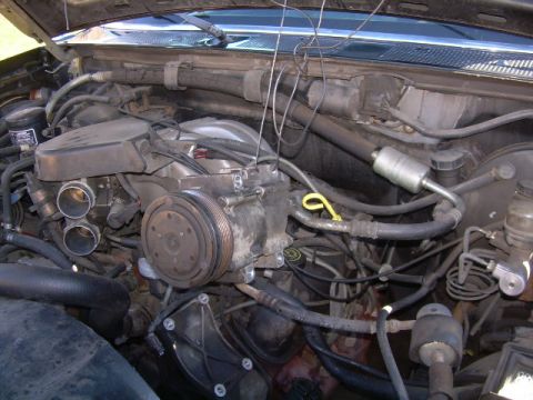 1992 Ford Bronco - Close-up view of the engine bay, focusing on the power steering pump and surrounding components.