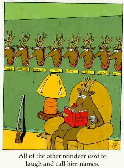 1968 Ford Mustang - A reindeer reads a book while the mounted heads of other reindeer line the wall behind him.