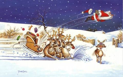 1968 Ford Mustang - A whimsical illustration depicts Santa Claus in mid-air, his sleigh and reindeer navigating a snowy landscape.