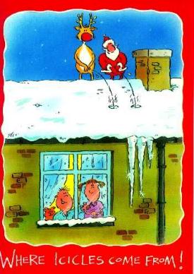 1968 Ford Mustang - A humorous illustration depicts Santa and a reindeer on a snowy rooftop, with the caption 'Where Icicles Come From!'.
