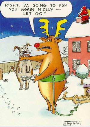 1968 Ford Mustang - A cartoon depicts a reindeer confronting a dog in a snowy yard, with Santa on a rooftop in the background.