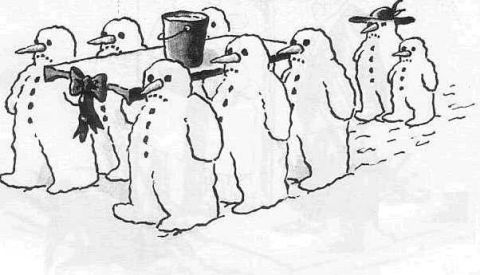 1968 Ford Mustang - A group of snowmen are carrying a bucket on a plank, with one snowman wearing a hat and another holding a bow.