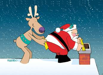 1968 Ford Mustang - A reindeer helps Santa Claus get stuck in a chimney on a snowy night.