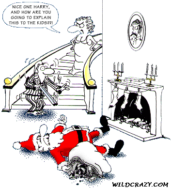 1968 Ford Mustang - A humorous cartoon depicts Santa Claus in a heap on the floor, while a couple on the stairs looks on with concern.