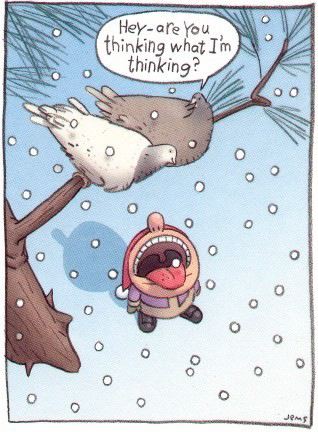 1968 Ford Mustang - A cartoon character yells in the snow while two birds perch on a branch overhead.