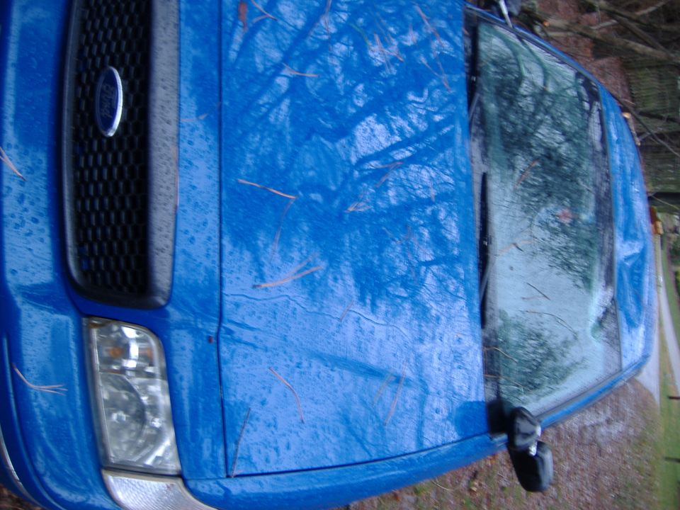 Blue Ford F-150 truck front corner, covered with a blue tarp
