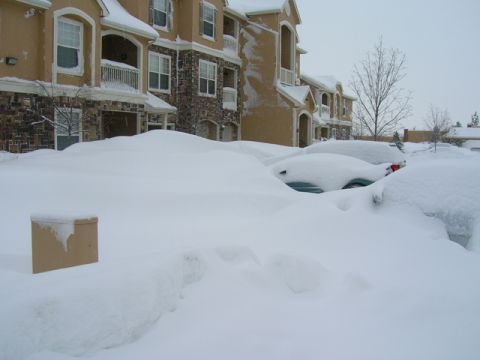 1979 Ford Bronco - Multiple vehicles are completely covered by snowdrifts, making them indistinguishable.
