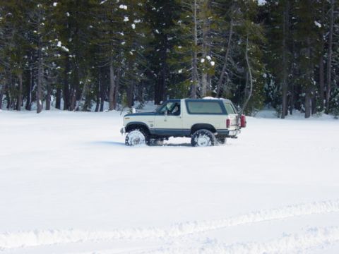 1986 Ford Bronco - A two-tone Ford Bronco navigates a snow-covered field with trees in the background.