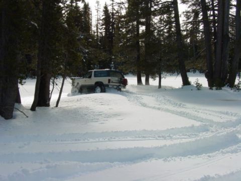1986 Ford Bronco - A white SUV navigates a snowy landscape with trees in the background.