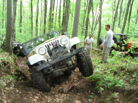 1986 Ford Bronco - Two Jeeps navigate a challenging wooded trail during an off-road event.