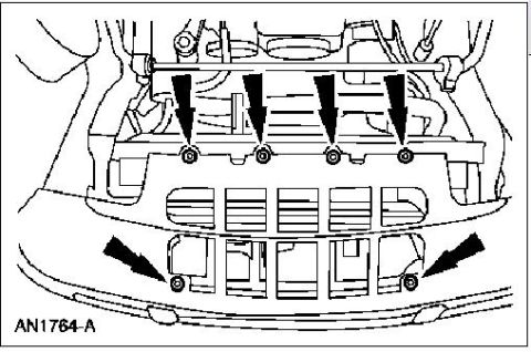 1996 Mercury Grand Marquis - Diagram illustrating the removal of bolts for the front bumper cover and grille assembly.