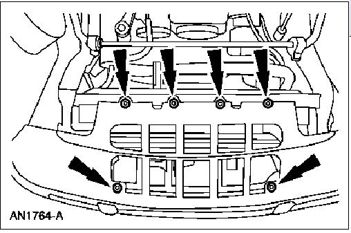 Service manual figure with arrows pointing to four intake-manifold fasteners on an engine