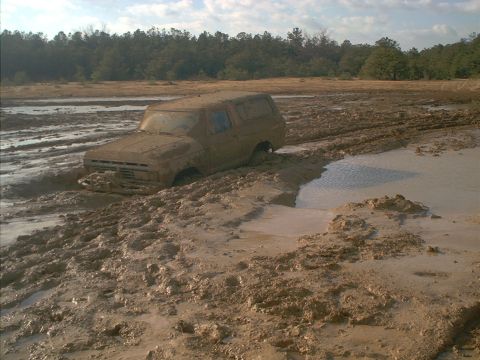 1978 Ford Bronco - This 1978 Ford Bronco is stuck in a mud pit with only the roof and windows visible above the mire.