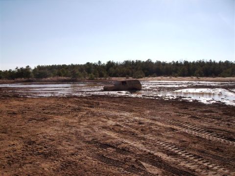 1978 Ford Bronco - A vehicle is stuck in a muddy area with trees in the background.