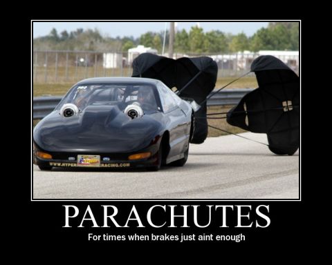 1989 Ford Probe - This drag car is equipped with parachutes for stopping power, as indicated by the "PARACHUTES" text and subtitle.