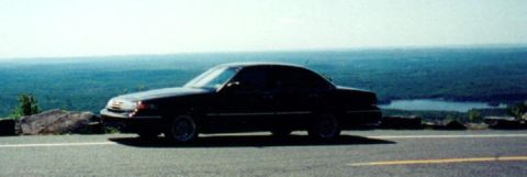 1997 Ford Crown Victoria - Sedan parked at a scenic overlook with a vast expanse of trees and water in the background.