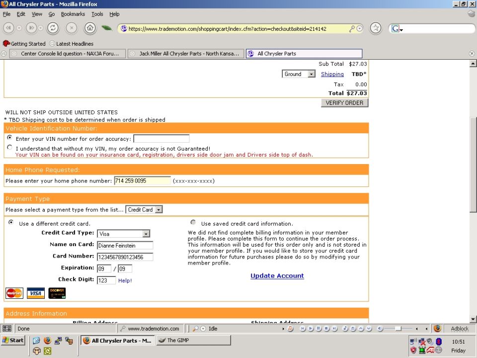 Screenshot of an All Chrysler Parts checkout page showing a $27.03 order total and VIN entry field
