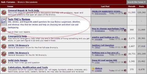 1991 Ford Bronco - A screenshot of a Ford Bronco enthusiast forum displays various discussion categories and recent post activity.