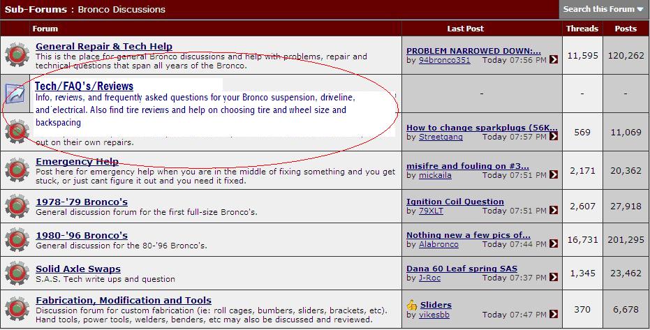 Ford Bronco forum discussion board with sections like Tech/FAQ's/Reviews and Emergency Help