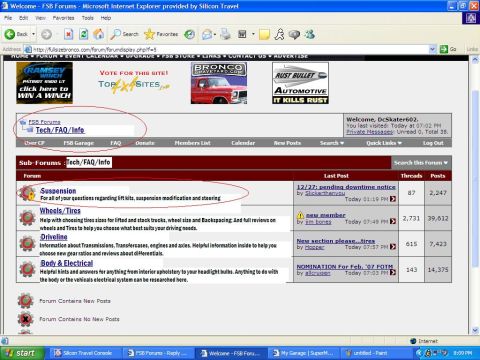 1991 Ford Bronco - Browser screenshot of the FSB Forums Tech/FAQ/Info sub-forum index (Suspension, Wheels/Tires, Drivetrain, Body & Electrical); not a technic…