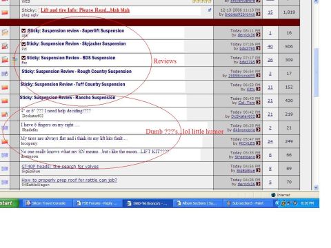 1991 Ford Bronco - browser screenshot of a forum index showing sticky suspension-review threads with handwritten red circles and notes.