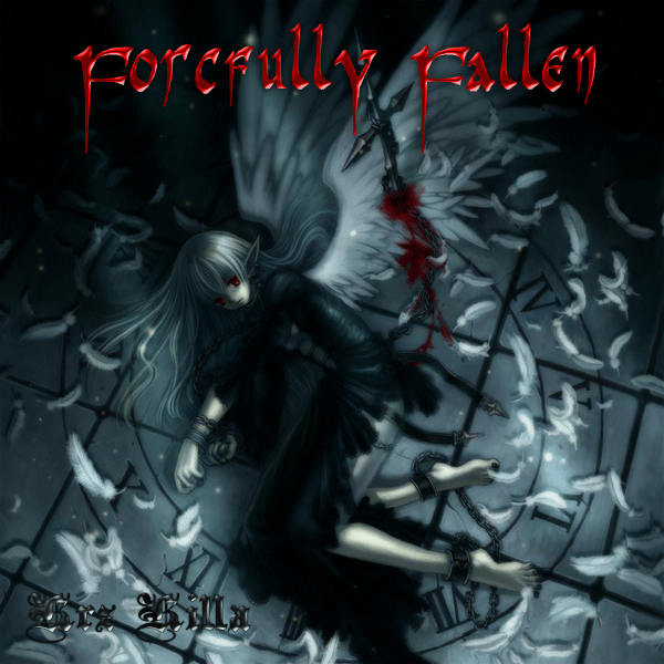 Dark figure with wings in a chaotic, smoky scene with red text above