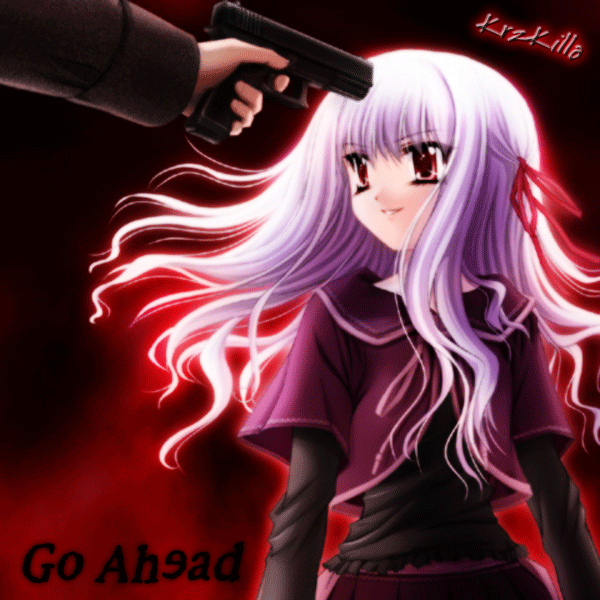 Anime character with purple hair and red eyes, dark background with red accents