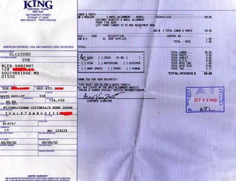 1997 Ford Crown Victoria - This document details service performed on a vehicle, including customer and payment information.