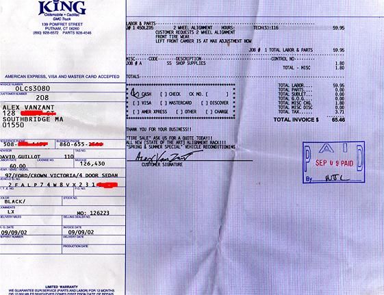Service invoice with vehicle details and payment information