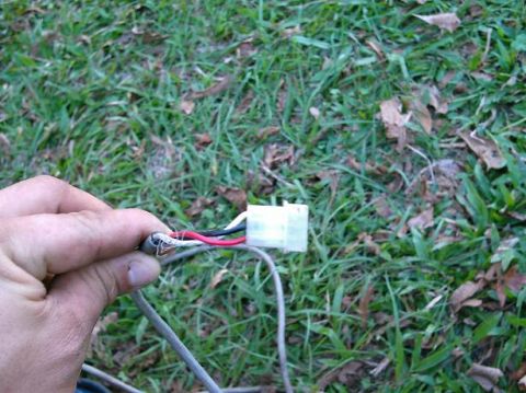 1986 Ford Bronco - A hand holds a bundle of electrical wires with a white connector attached, set against a backdrop of grass and fallen leaves.