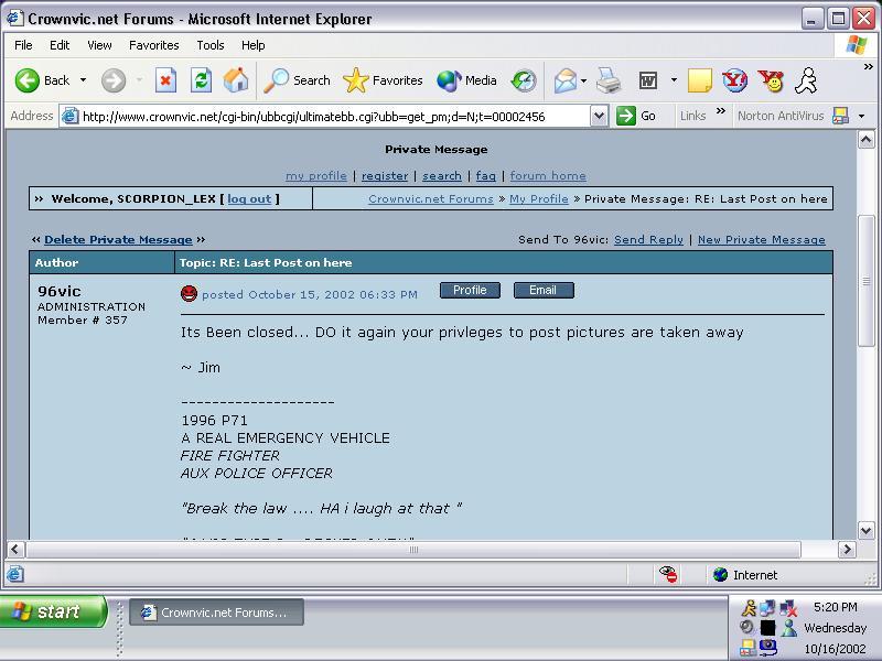 Screenshot of a forum post discussing a 1996 P71, a real emergency vehicle, fire fighter, aux police officer