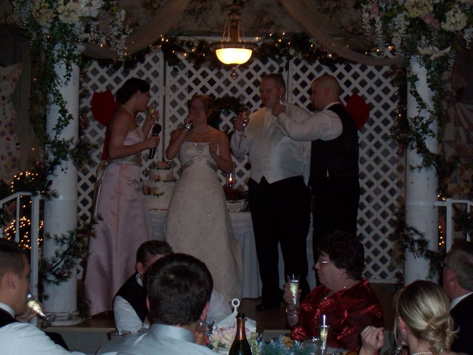 Wedding reception toast in front of a white lattice arch with cake and guests
