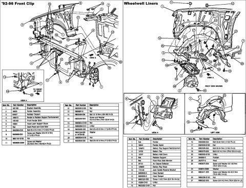 1983 Ford Bronco - Front Clip '92-96 F-series & Bronco IF THE IMAGE IS TOO SMALL, click it. '94-96 (R134a) Hood Latch Brace #6 has a deeper offset at the bott…