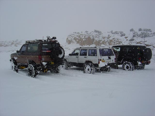 Brown Ford Bronco II with roof rack and spare tire in snow